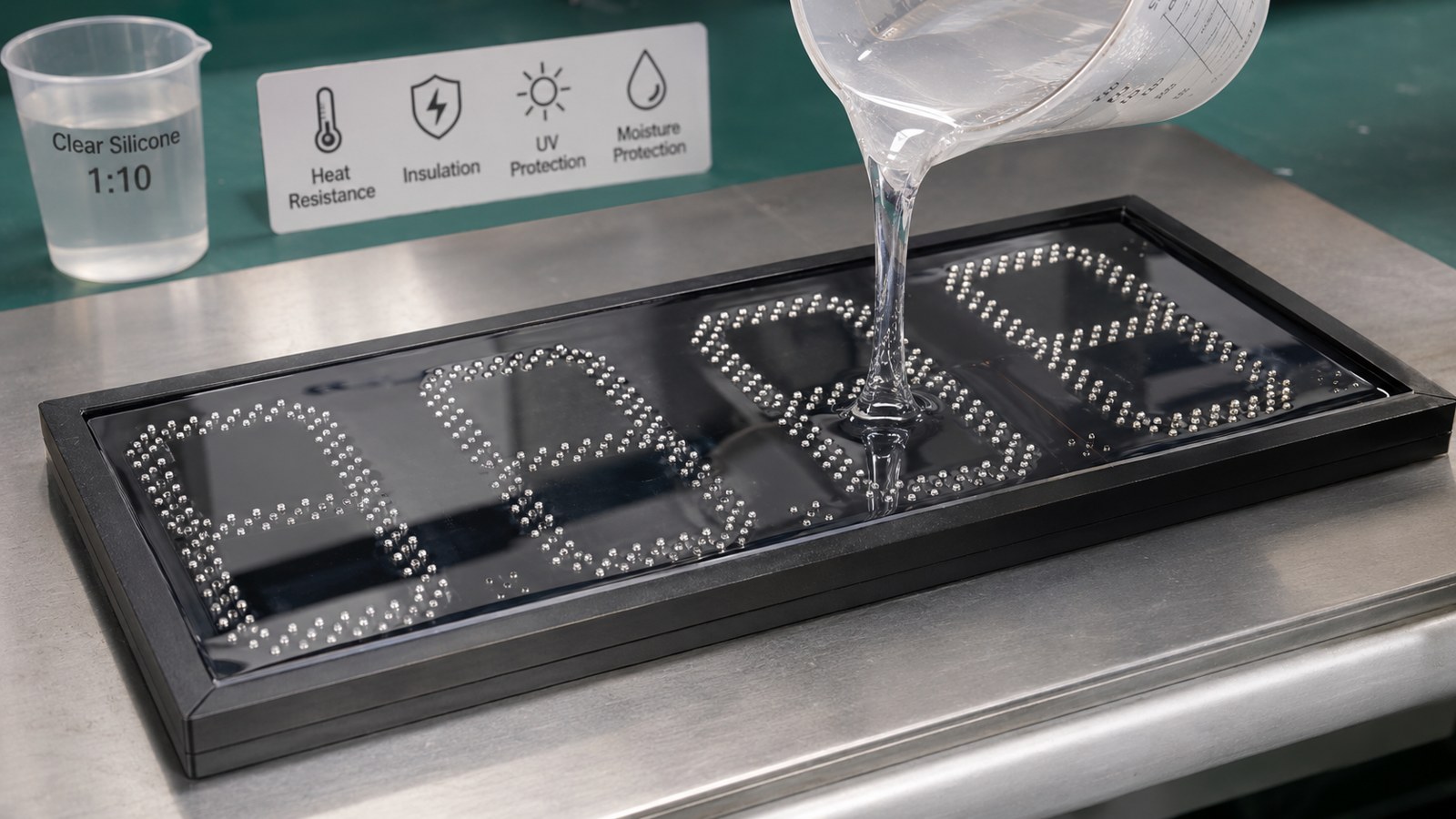 Clear two-part silicone potting being poured over a PCU digit module — sealing close-up