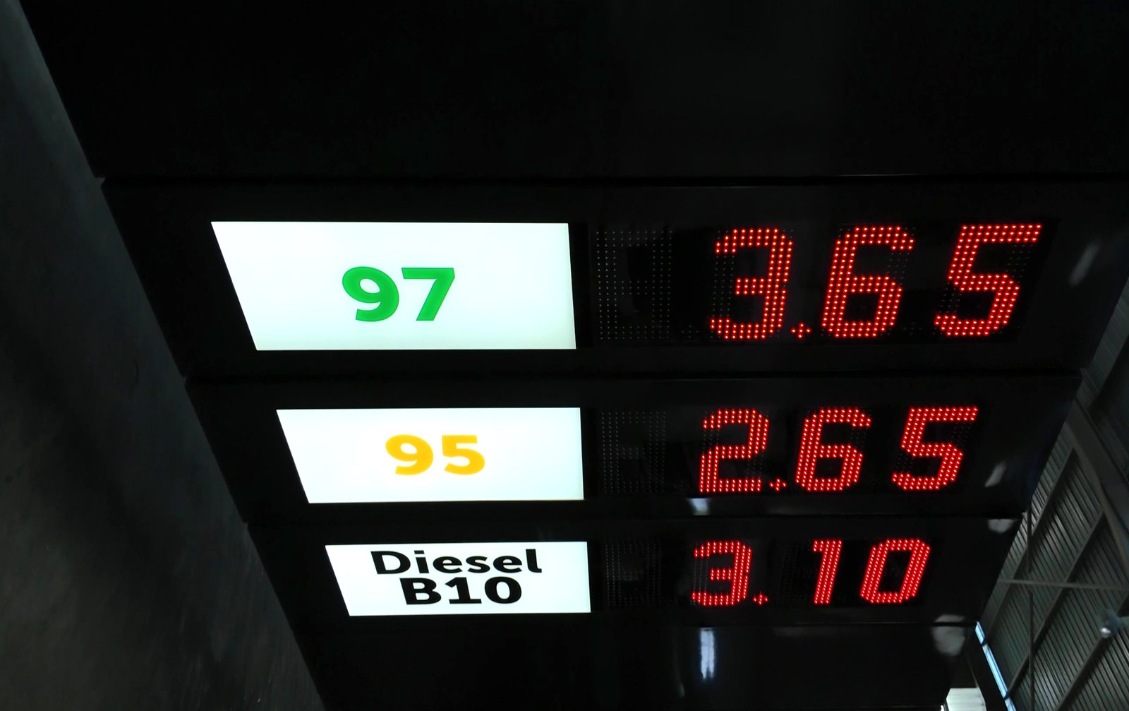 Fuel-price display at full brightness — 97 at 3.65, 95 at 2.65 and Diesel B10 at 3.10 in red LED digits beside backlit grade panels